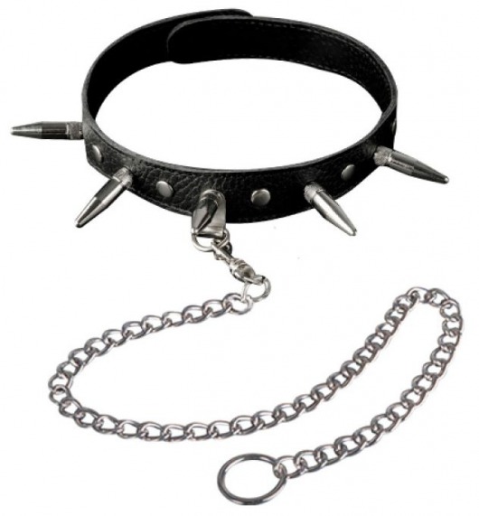 Чёрный кожаный ошейник с шипами и цепочкой - Sitabella - купить с доставкой в Ростове-на-Дону