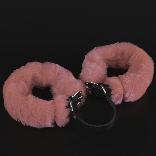 Черные кожаные оковы со съемной розовой опушкой - Sitabella - купить с доставкой в Ростове-на-Дону