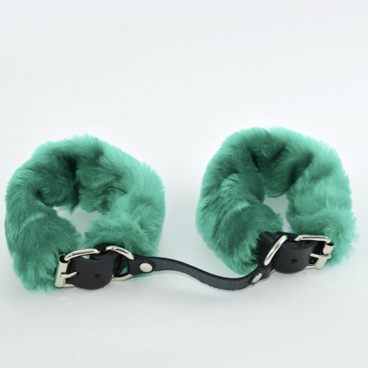 Черные кожаные наручники со съемной зеленой опушкой - Sitabella - купить с доставкой в Ростове-на-Дону