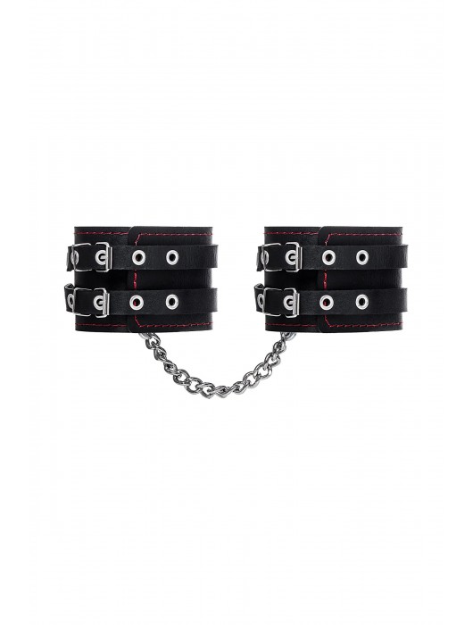 Черные кожаные оковы с двумя ремнями и контрастной строчкой - Pecado - купить с доставкой в Ростове-на-Дону