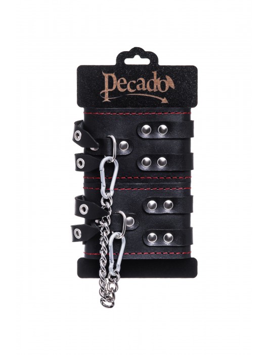 Черные кожаные оковы с двумя ремнями и контрастной строчкой - Pecado - купить с доставкой в Ростове-на-Дону