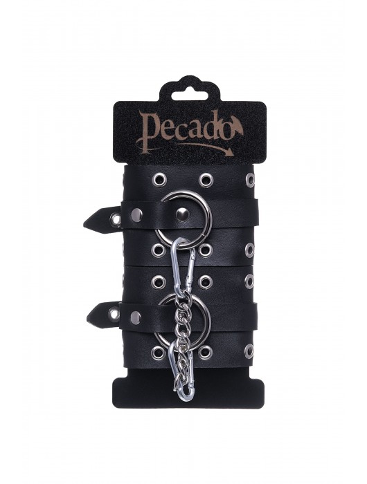 Черные кожаные однослойные наручники с люверсами - Pecado - купить с доставкой в Ростове-на-Дону