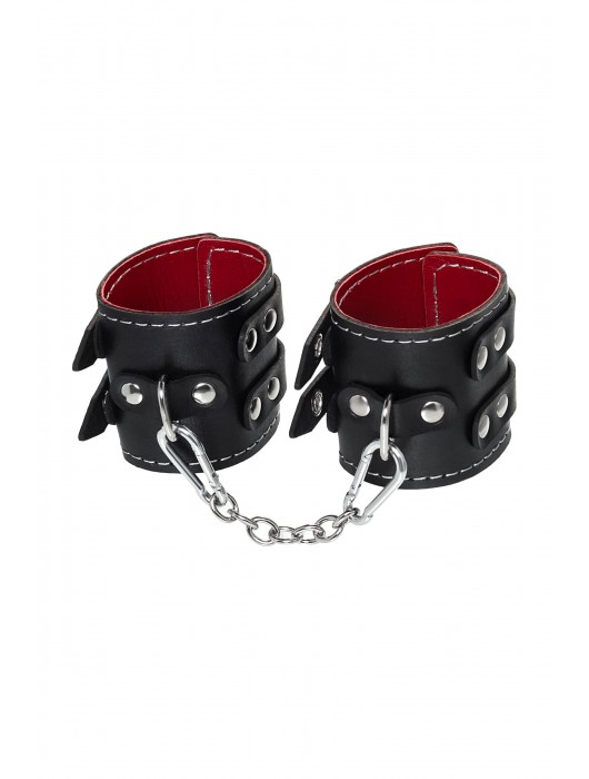 Черные кожаные наручники с двумя ремнями и красной подкладкой - Pecado - купить с доставкой в Ростове-на-Дону