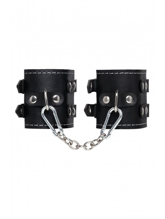 Черные кожаные наручники с двумя ремнями и красной подкладкой - Pecado - купить с доставкой в Ростове-на-Дону