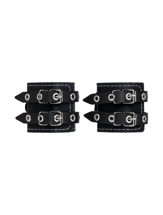 Черные кожаные наручники с двумя ремнями и красной подкладкой - Pecado - купить с доставкой в Ростове-на-Дону