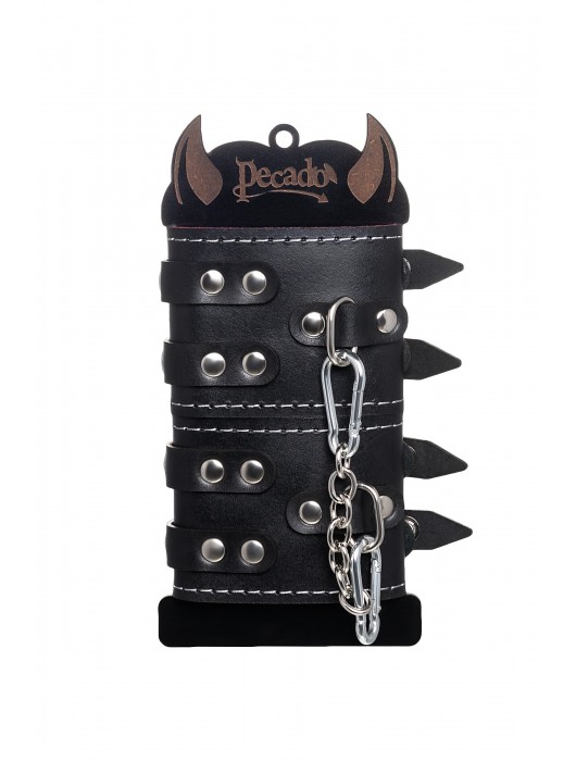 Черные кожаные наручники с двумя ремнями и красной подкладкой - Pecado - купить с доставкой в Ростове-на-Дону