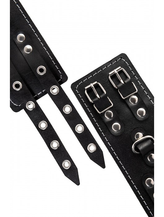 Черные кожаные наручники с двумя ремнями и красной подкладкой - Pecado - купить с доставкой в Ростове-на-Дону