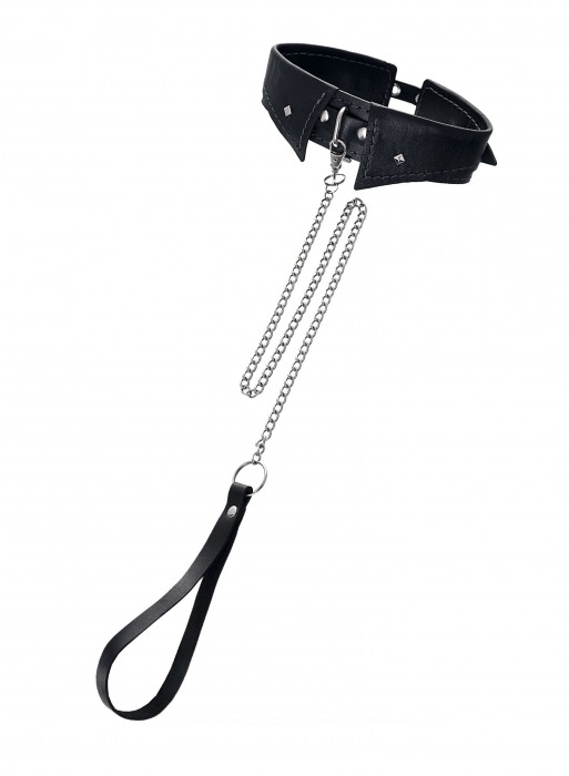 Черный кожаный ошейник-воротник с поводком - Pecado - купить с доставкой в Ростове-на-Дону