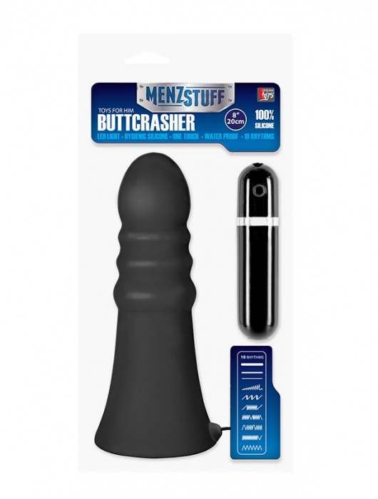 Большой чёрный анальный вибратор MENZSTUFF VIBRATING BUTTCRASHER RIBBED - 20 см. - Dream Toys