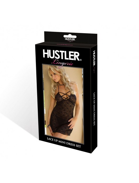 Черная сорочка из кружев с обнаженной спиной и трусиками-стринг в комплекте - Hustler Lingerie купить с доставкой