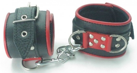 Широкие черные наручники с красным декором - БДСМ Арсенал - купить с доставкой в Ростове-на-Дону