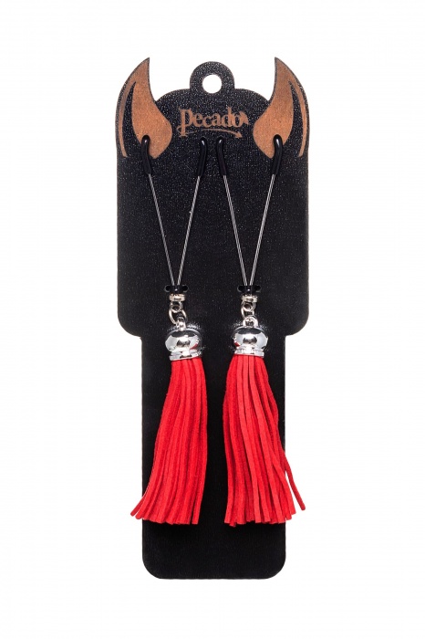 Зажимы на соски «Вилки» с красными кисточками из замши - Pecado - купить с доставкой в Ростове-на-Дону