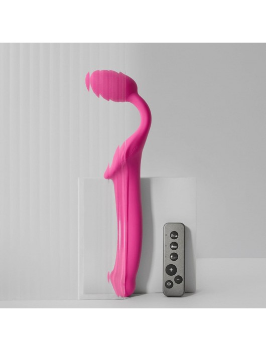 Ярко-розовый безремневой страпон Strap-on-me Vibrating Bendable Strap-On size M - Strap-on-me - купить с доставкой в Ростове-на-Дону