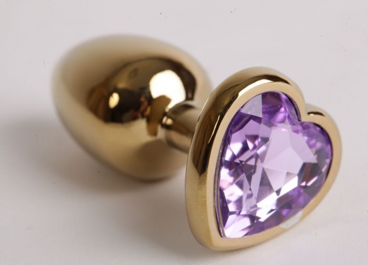 Золотистая анальная пробка с сиреневым стразиком-сердечком - 7,5 см. - 4sexdreaM - купить с доставкой в Ростове-на-Дону