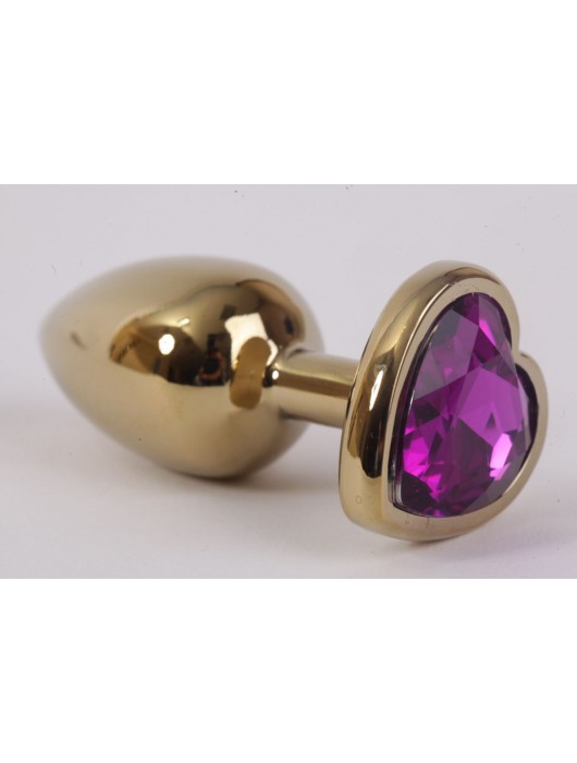 Золотистая анальная пробка с фиолетовым стразиком-сердечком - 7,5 см. - 4sexdreaM - купить с доставкой в Ростове-на-Дону