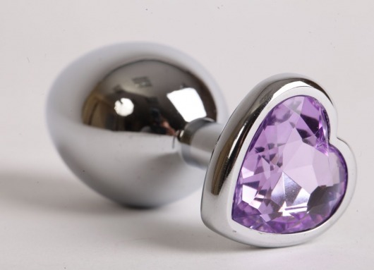 Серебристая анальная пробка с сиреневым стразиком-сердечком - 8 см. - 4sexdreaM - купить с доставкой в Ростове-на-Дону
