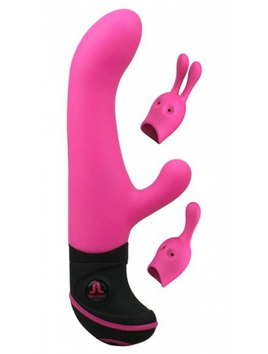 Ярко-розовый вибратор Butch Cassidy с клиторальным стимулятором и насадками к нему - 20 см. - Adrien Lastic