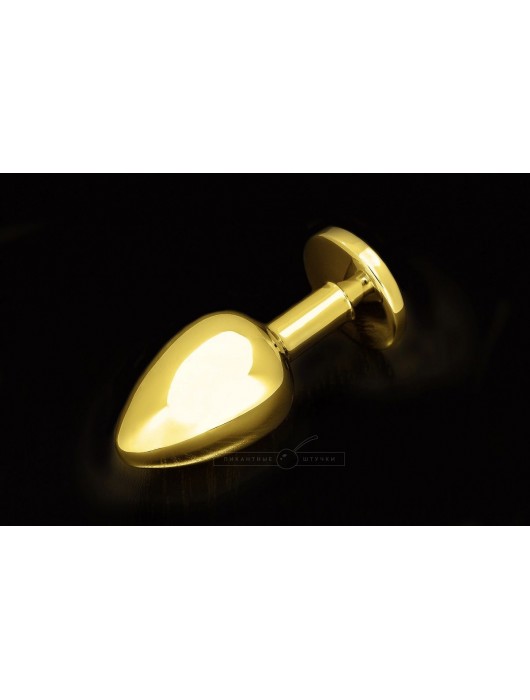 Большая золотая анальная пробка с закругленным кончиком и фиолетовым кристаллом - 9 см. - Пикантные штучки - купить с доставкой в Ростове-на-Дону