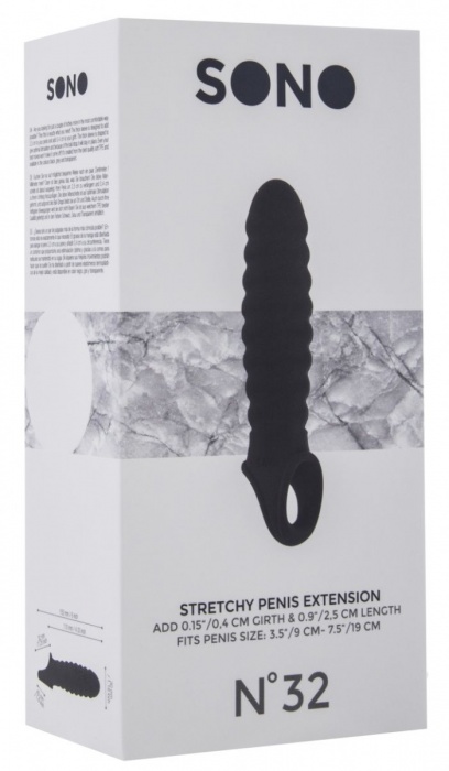 Чёрная ребристая насадка Stretchy Penis Extension No.32 - Shots Media BV - в Ростове-на-Дону купить с доставкой