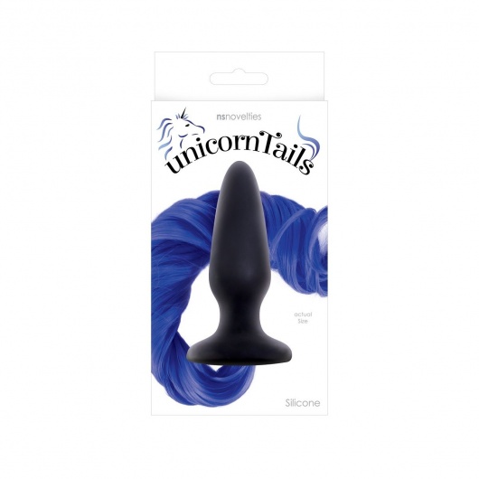 Чёрная анальная пробка с синим хвостом Unicorn Tails Blue - NS Novelties