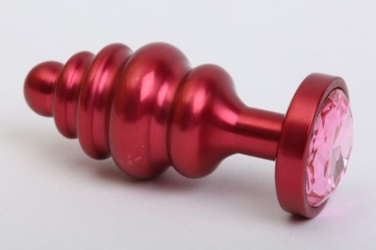 Красная ребристая анальная пробка с розовым стразом - 7,3 см. - 4sexdreaM - купить с доставкой в Ростове-на-Дону