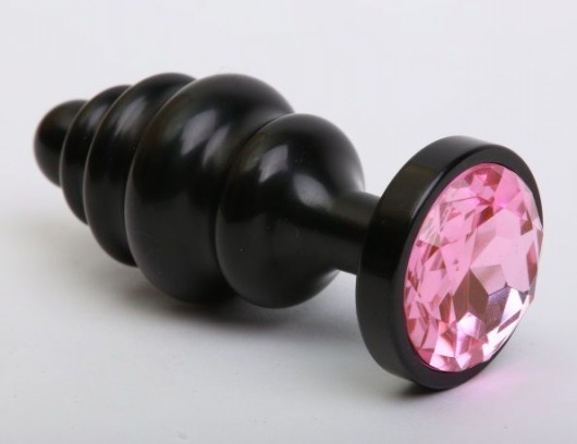 Чёрная ребристая анальная пробка с розовым кристаллом - 7,3 см. - 4sexdreaM - купить с доставкой в Ростове-на-Дону