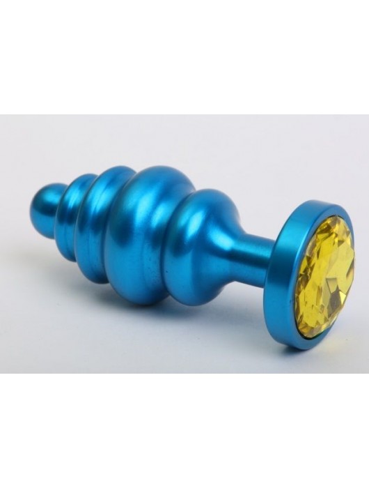 Синяя ребристая анальная пробка с жёлтым кристаллом - 7,3 см. - 4sexdreaM - купить с доставкой в Ростове-на-Дону