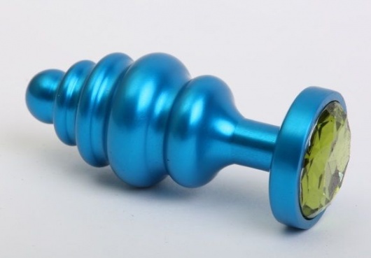 Синяя ребристая анальная пробка с зеленым кристаллом - 7,3 см. - 4sexdreaM - купить с доставкой в Ростове-на-Дону