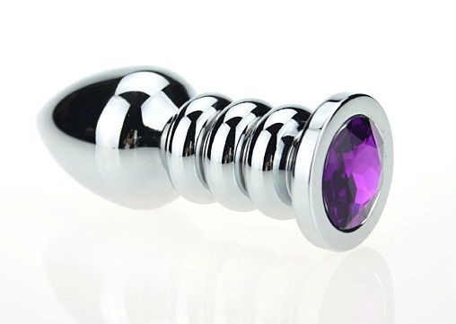 Серебристая фигурная анальная пробка с фиолетовым кристаллом - 10,3 см. - 4sexdreaM - купить с доставкой в Ростове-на-Дону