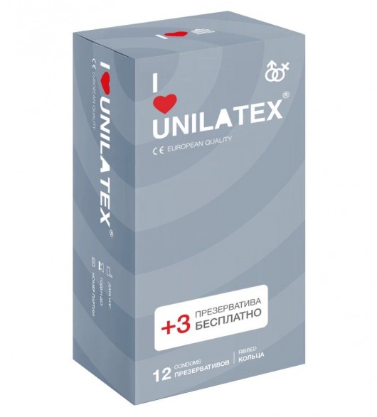 Презервативы с рёбрами Unilatex Ribbed - 12 шт. + 3 шт. в подарок - Unilatex - купить с доставкой в Ростове-на-Дону