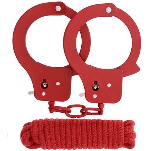Красные наручники из листового металла в комплекте с веревкой BONDX METAL CUFFS LOVE ROPE SET - Dream Toys - купить с доставкой в Ростове-на-Дону