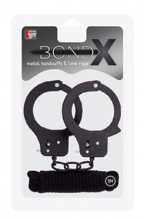 Чёрные наручники из листового металла в комплекте с веревкой BONDX METAL CUFFS LOVE ROPE SET - Dream Toys - купить с доставкой в Ростове-на-Дону