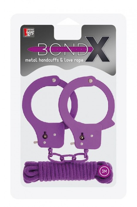 Фиолетовые наручники из листового металла в комплекте с веревкой BONDX METAL CUFFS LOVE ROPE SET - Dream Toys - купить с доставкой в Ростове-на-Дону
