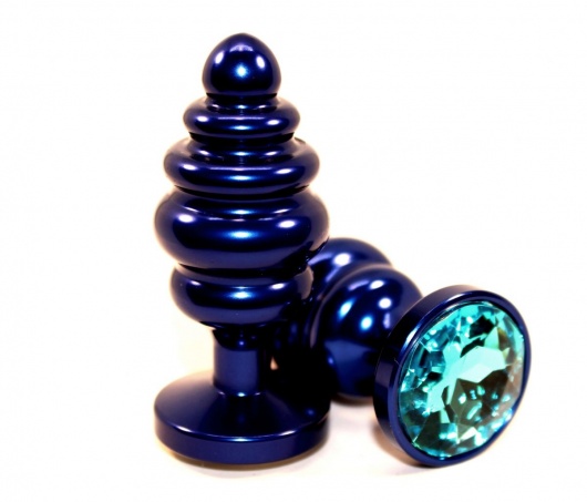 Синяя ребристая пробка с голубым стразом - 7,3 см. - 4sexdreaM - купить с доставкой в Ростове-на-Дону