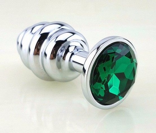 Серебристая фигурная анальная пробка с зеленым стразом - 8 см. - 4sexdreaM - купить с доставкой в Ростове-на-Дону
