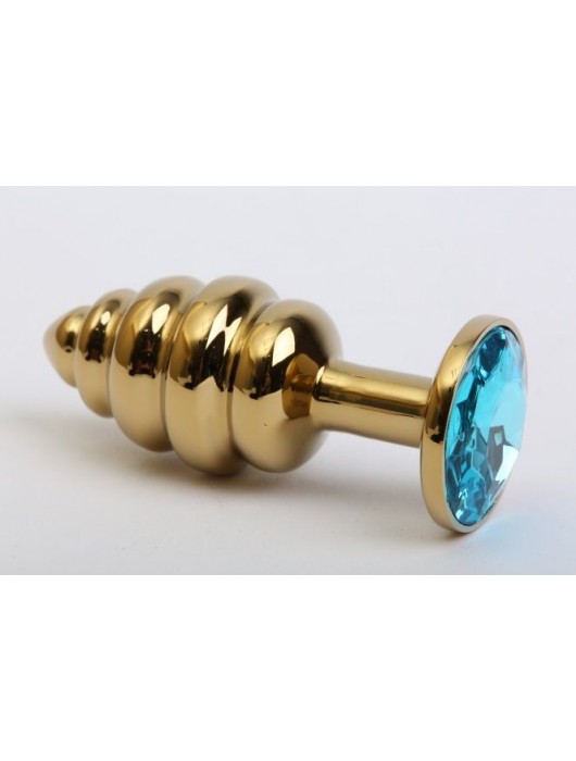 Золотистая рифлёная пробка с голубым стразом - 8,2 см. - 4sexdreaM - купить с доставкой в Ростове-на-Дону