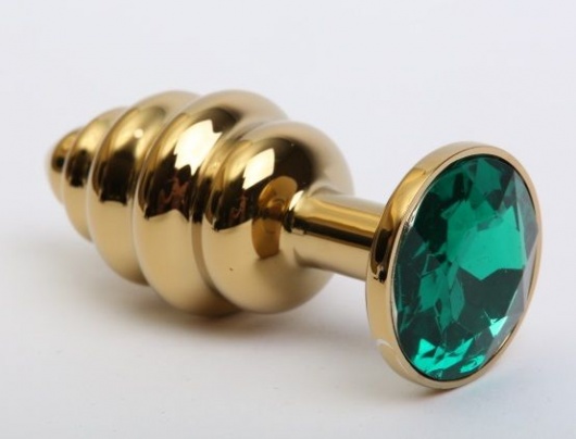 Золотистая рифлёная пробка с зеленым стразом - 8,2 см. - 4sexdreaM - купить с доставкой в Ростове-на-Дону