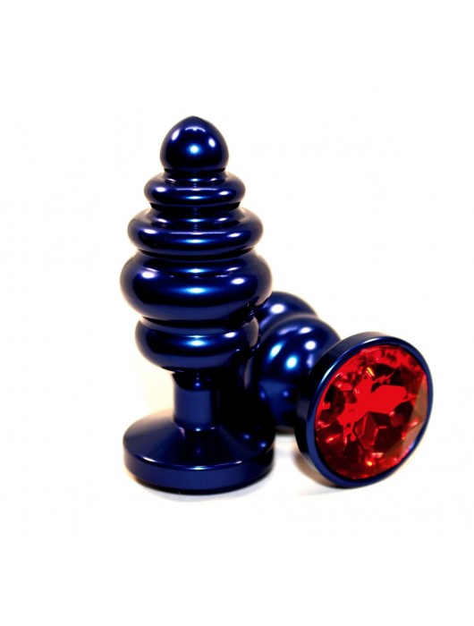 Синяя рифлёная пробка с красным кристаллом - 7,3 см. - 4sexdreaM - купить с доставкой в Ростове-на-Дону