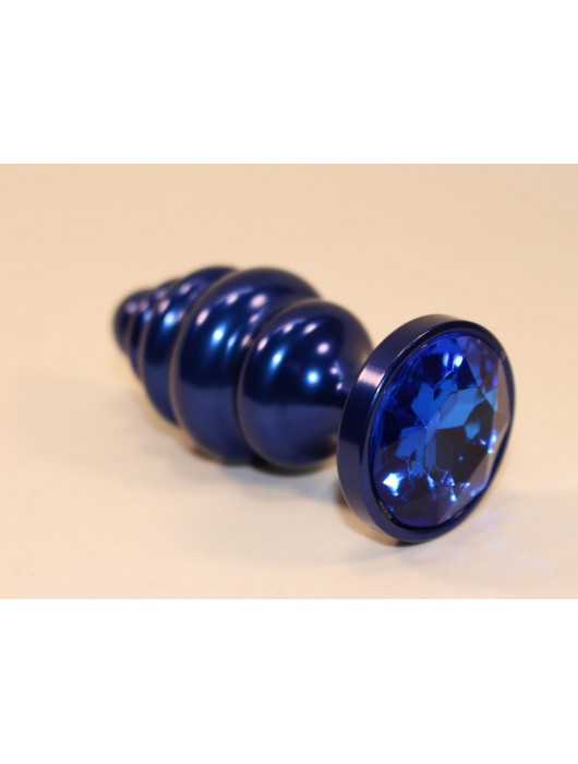 Синяя рифлёная пробка с синим кристаллом - 7,3 см. - 4sexdreaM - купить с доставкой в Ростове-на-Дону