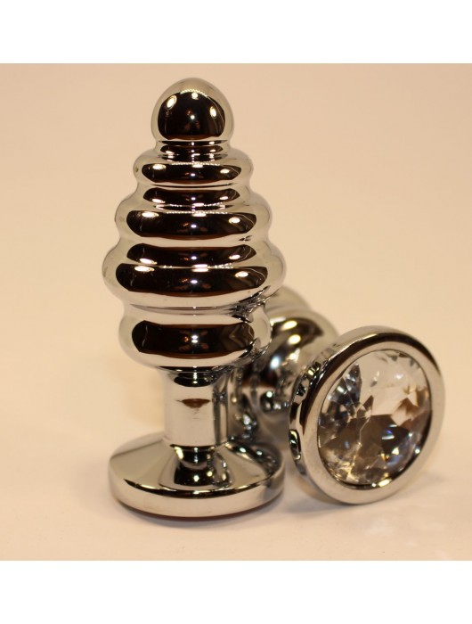 Серебристая рифленая пробка с прозрачным кристаллом - 9 см. - 4sexdreaM - купить с доставкой в Ростове-на-Дону