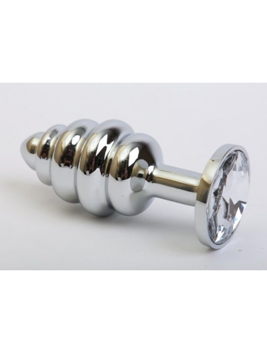 Серебристая рифленая пробка с прозрачным кристаллом - 9 см. - 4sexdreaM - купить с доставкой в Ростове-на-Дону