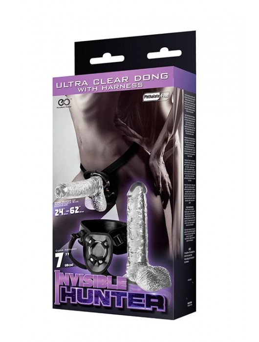 Прозрачный фаллоимитатор с креплением на поясе кольцом INVISIBLE HUNTER 7INCH DONG AND HARNESS - 17,8 см. - NMC - купить с доставкой в Ростове-на-Дону