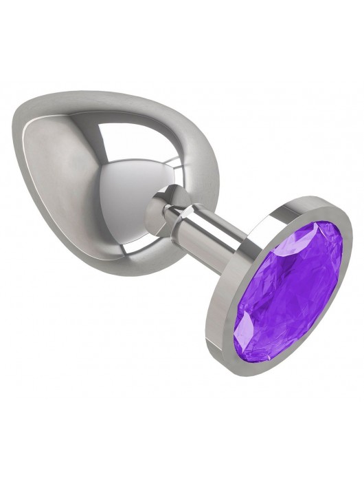 Серебристая большая анальная пробка с фиолетовым кристаллом - 9,5 см. - Джага-Джага - купить с доставкой в Ростове-на-Дону