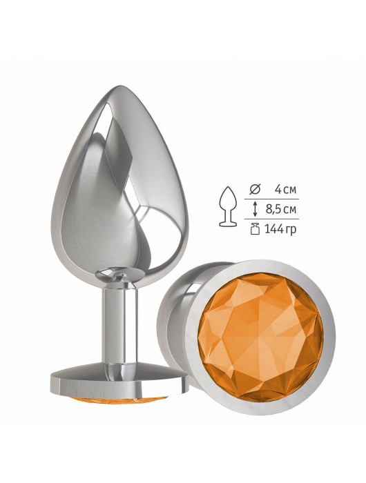 Серебристая большая анальная пробка с оранжевым кристаллом - 9,5 см. - Джага-Джага - купить с доставкой в Ростове-на-Дону
