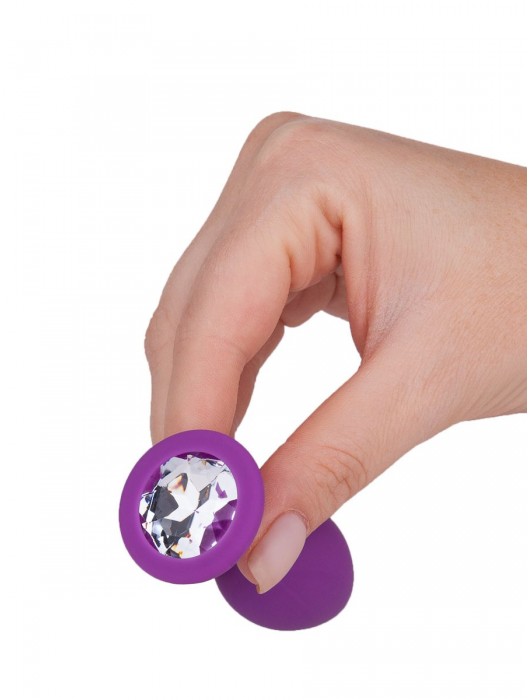 Фиолетовая силиконовая пробка с прозрачным кристаллом - 7,3 см. - Джага-Джага - купить с доставкой в Ростове-на-Дону