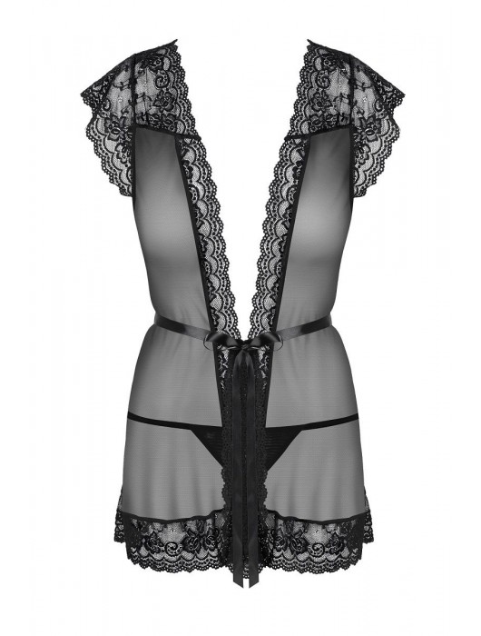 Коротенький пеньюар с атласным пояском и кружевами - Obsessive купить с доставкой