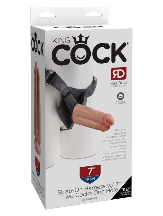 Телесный сдвоенный поясной страпон Strap-On Harness with 7  Two Cocks One Hole - 19,1 см. - Pipedream - купить с доставкой в Ростове-на-Дону