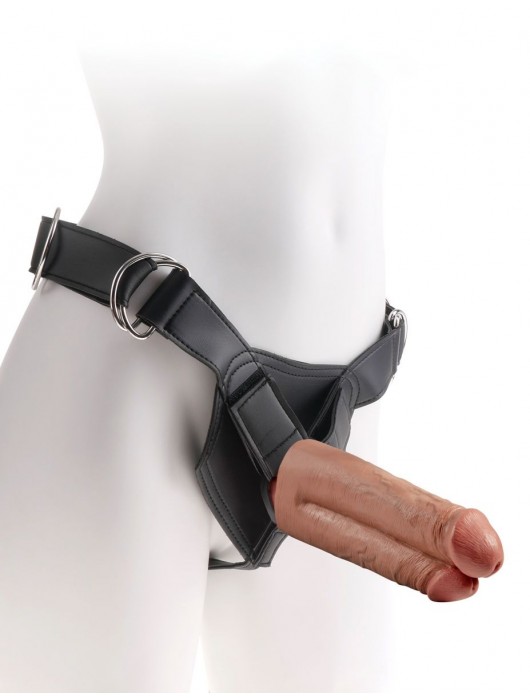 Кофейный сдвоенный поясной страпон Strap-On Harness with 7  Two Cocks One Hole - 19,1 см. - Pipedream - купить с доставкой в Ростове-на-Дону