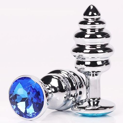Серебристая фигурная анальная пробка с синим кристаллом - 8 см. - 4sexdreaM - купить с доставкой в Ростове-на-Дону