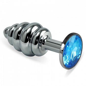 Серебристая фигурная анальная пробка с голубым кристаллом - 9 см. - 4sexdreaM - купить с доставкой в Ростове-на-Дону